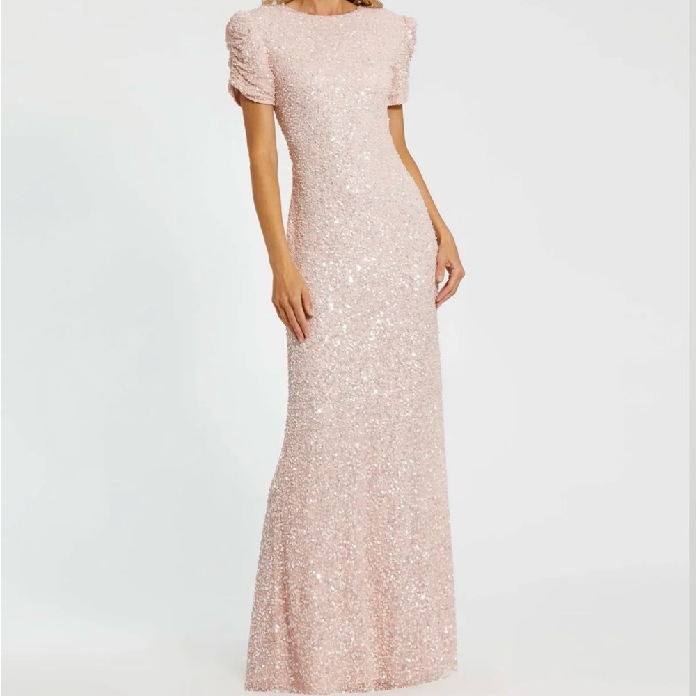 Mac Duggal 24003 Womens Pink Pearl Gathered Short Sleeve Long Maxi Gown Dress